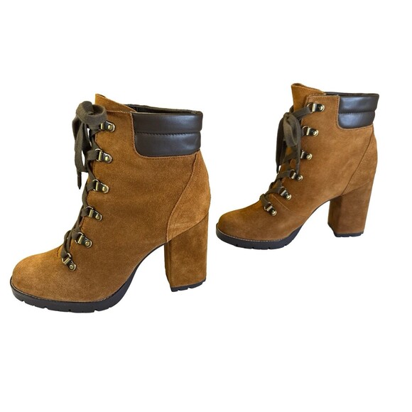 Sam Edelman Caroleena Lace Up Eyelets Block Heel Booties 8M Brown Suede Leather - Picture 2 of 9